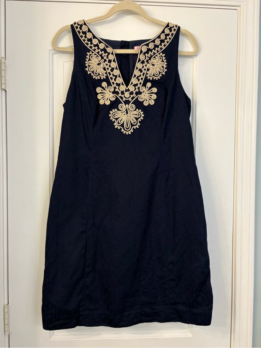 Lily Pulitzer Navy Shift Dress with Gold Embroidered V-Neck